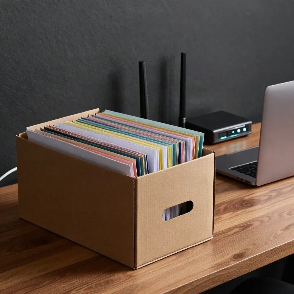 Audit-ready startup desk with folders, closed laptop, archive box and router lights.