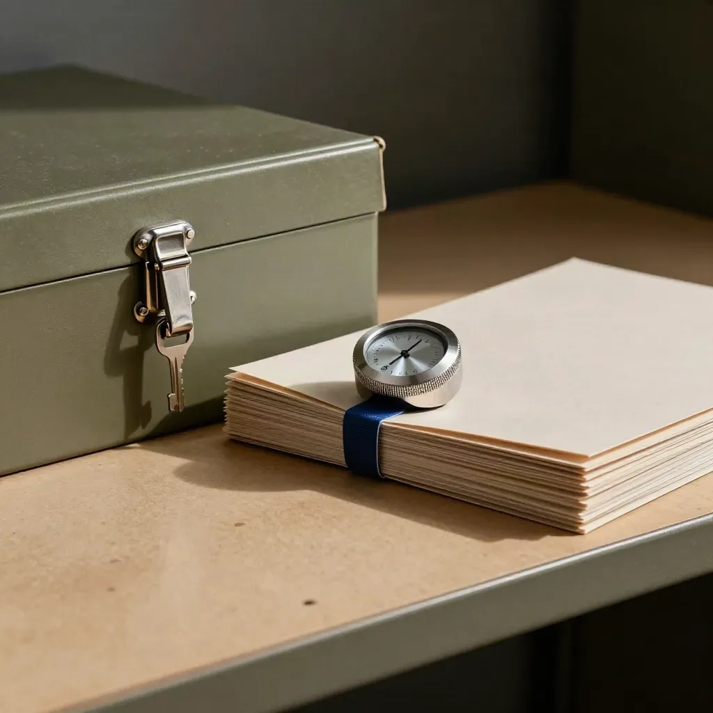Macro delivery tools: timer, archive box, folders and cable ties on a textured bench.