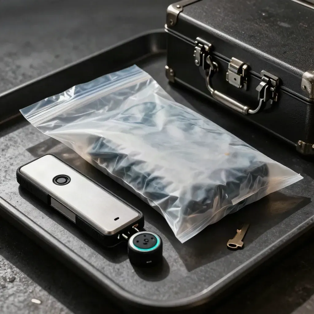 Macro of breach-response gear: evidence bag, backup drives, timer and lock box on a dark tray.