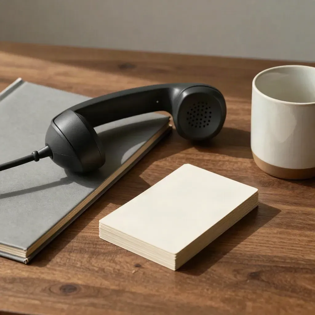 Top-down privacy consult desk with handset, folder, cards, and a coffee ring on walnut