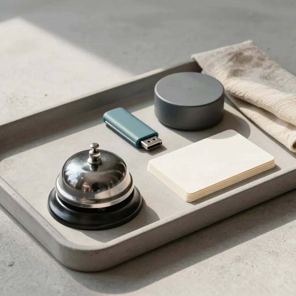 Desk bell, flash drive, timer and face-down cards on a stone tray with linen cloth.