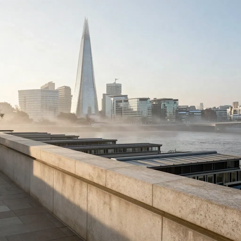 The Shard at dawn above misty Thames with travertine rooftop foreground and copy space