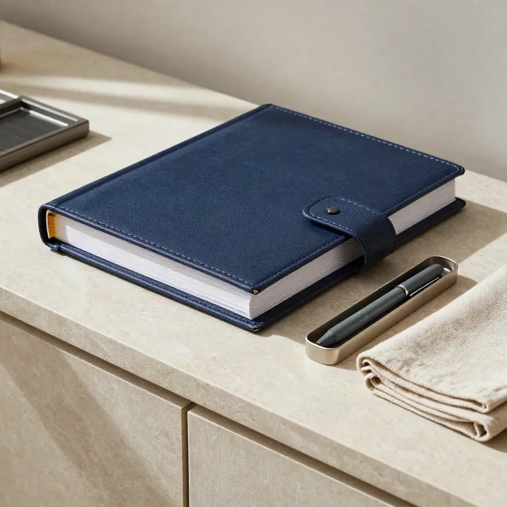 Closed privacy binder, consent tool box, pen tray and linen cloth on limestone.