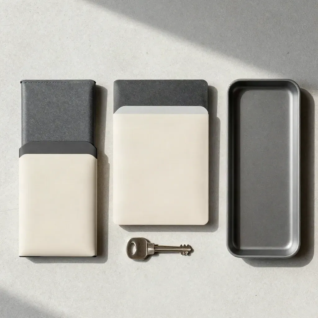 Overhead flatlay of tabs, sealed drive pouch, archive key and evidence tray on pale concrete.