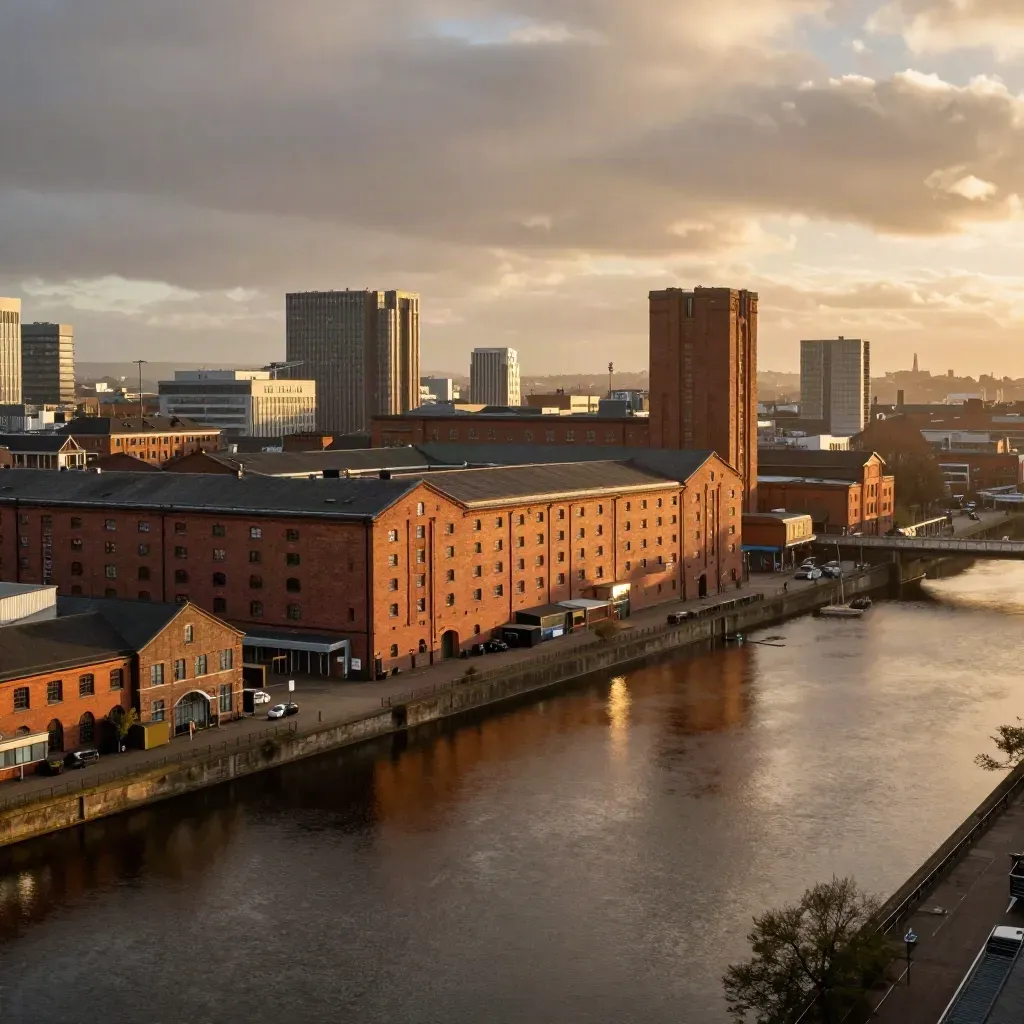 Manchester canals and red-brick mills at golden hour, skyline high with calm copy space below.