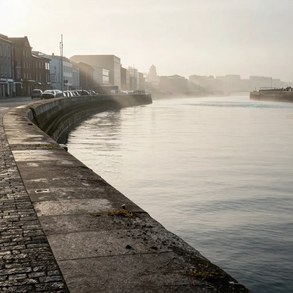 Misty Dublin quays at dawn with low skyline and pale harbor water, calm copy space below.
