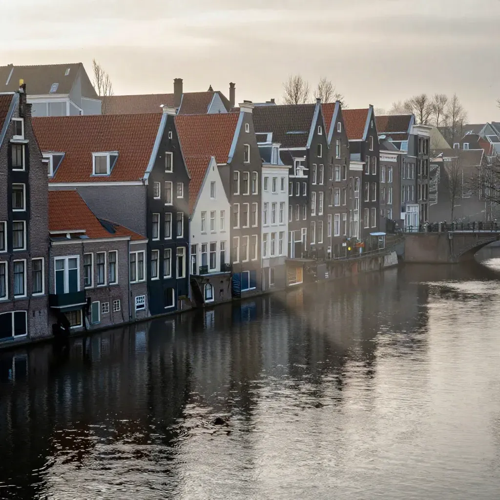 Amsterdam canal rooftops in morning mist above calm reflective water