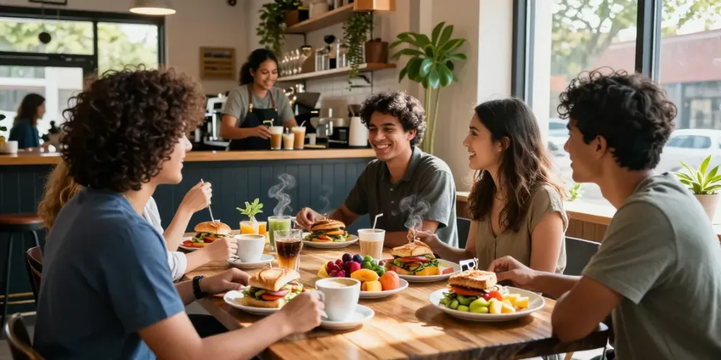 Best brunch Austin scene featuring friends enjoying NYC-inspired breakfast sandwiches and coffee in a lively café.
