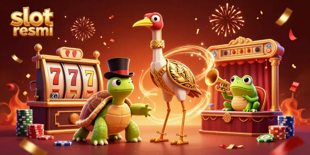 Experience high-stakes excitement with slot resmi as characters spin reels and chase jackpots in a vibrant casino atmosphere.