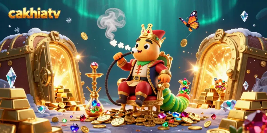 Experience the excitement of cakhiatv through a vivid illustration of a caterpillar hookah-master surrounded by magical casino elements.