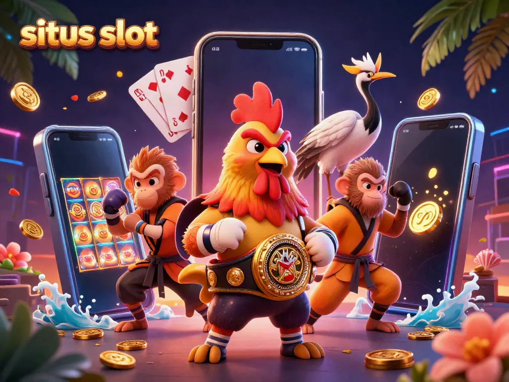 Engage with situs slot illustrated by dynamic characters, winning symbols, and vibrant casino elements.