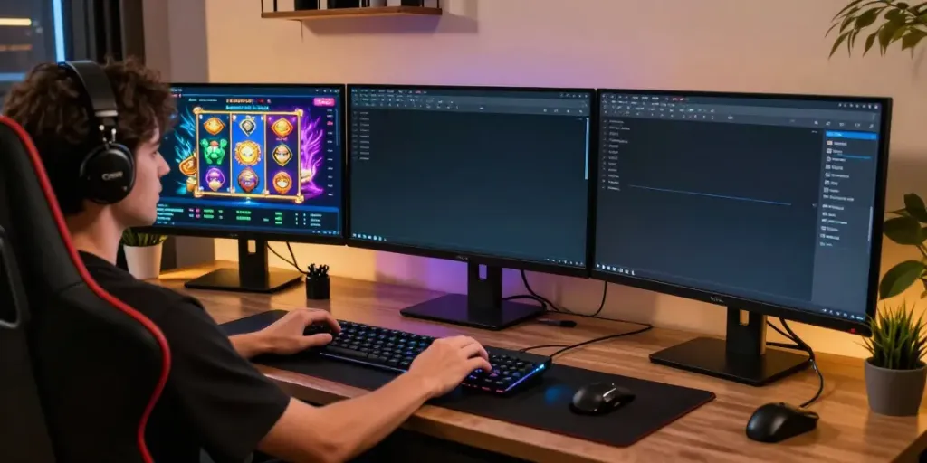 PESGSLOT online gaming interface displayed on desktop computer, showcasing exciting slot game options and user engagement.