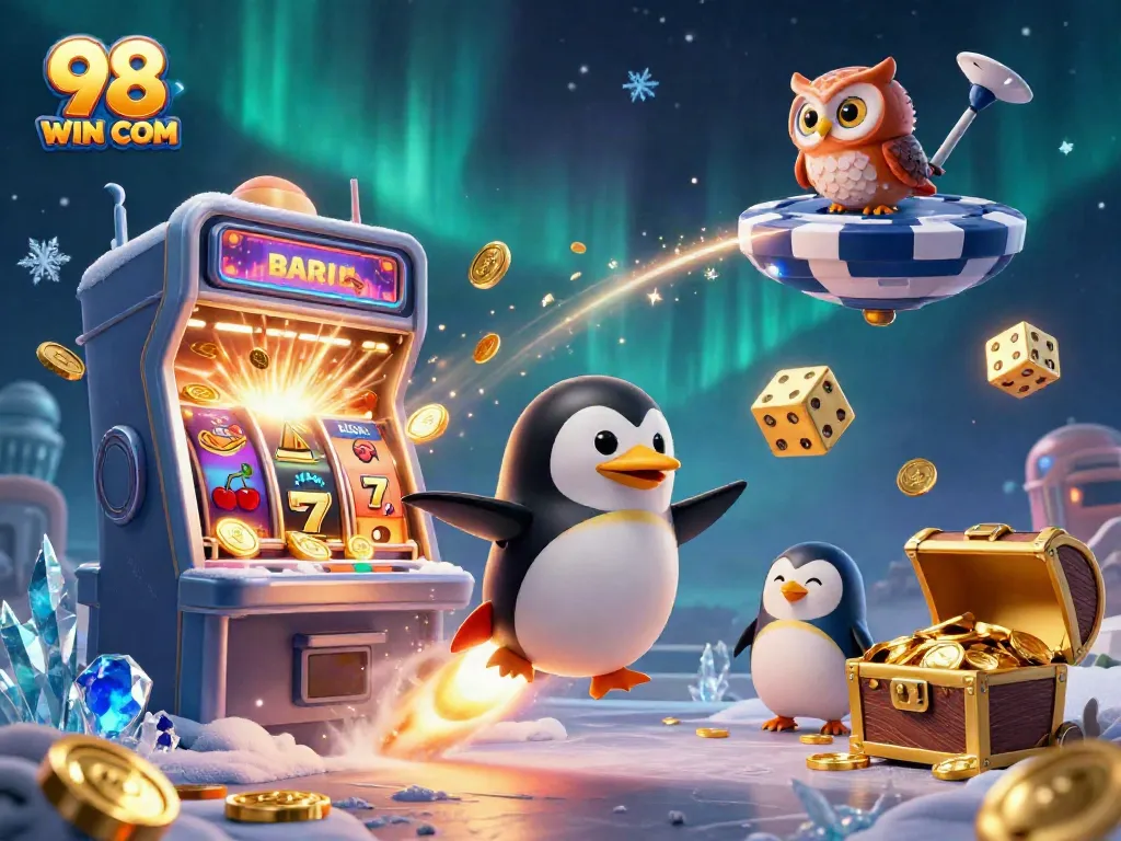 Engage in exciting gameplay with 98 WIN COM as golden penguins and a giant poker chip casino ignite the fun!