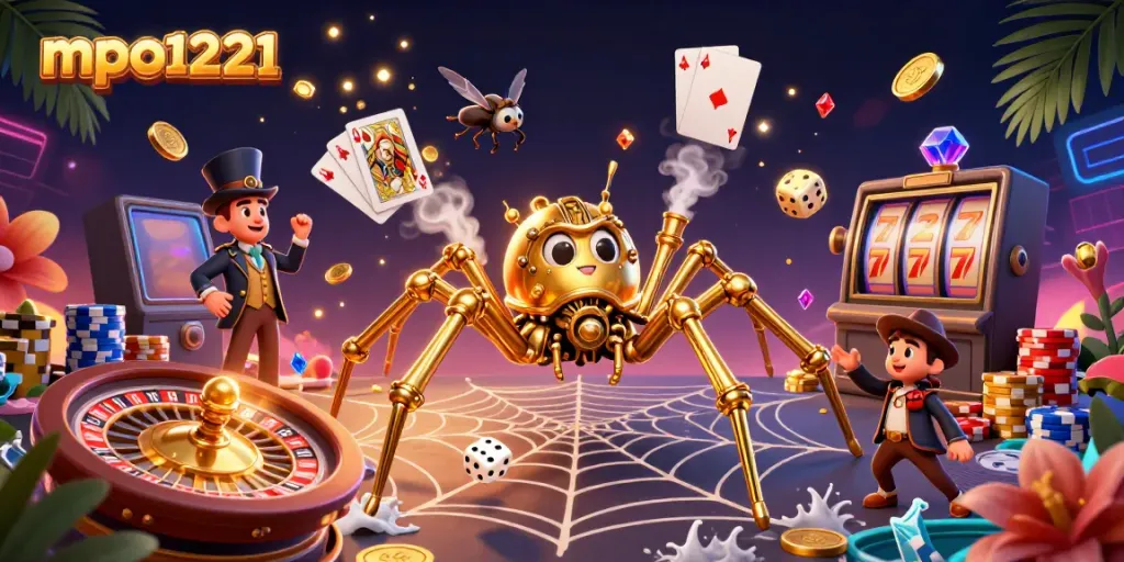 Win big with mpo1221 as a steampunk spider webs golden chains capturing fortunes!