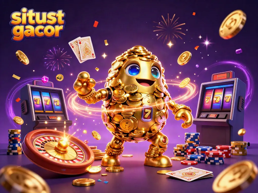 Engage with situs slot gacor through a vibrant scene featuring a golden golem and dynamic casino elements.