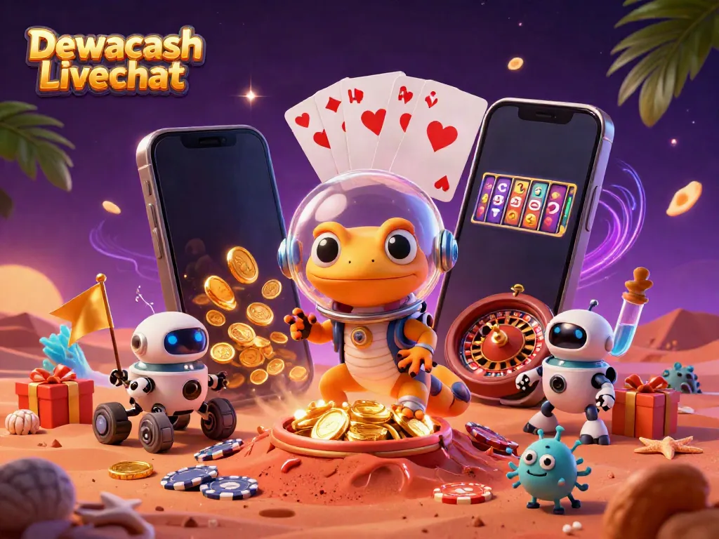 Dewacash Livechat showcases a Martian gecko and robot in a golden casino amidst vibrant gaming elements.