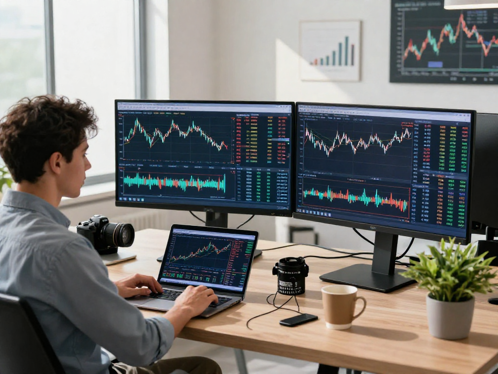 实时行情分析，交易员在现代办公室使用tradingview监控多资产市场数据。