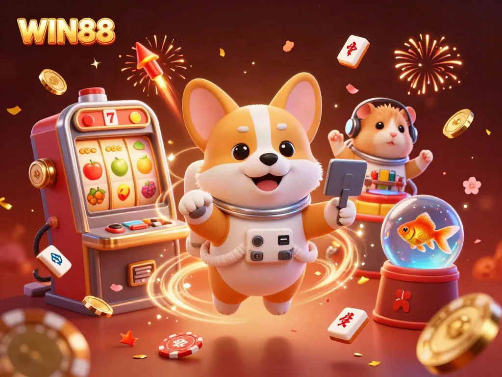 Experience the thrilling atmosphere of WIN88 with a floating corgi in a vibrant space casino.
