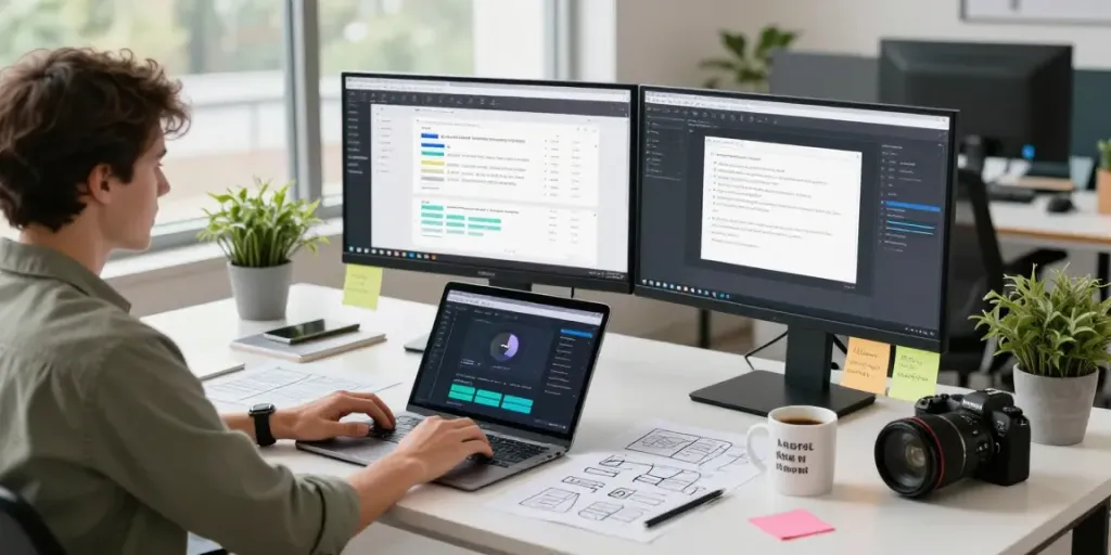 Content creator using an ai content creation tool in a modern workspace.
