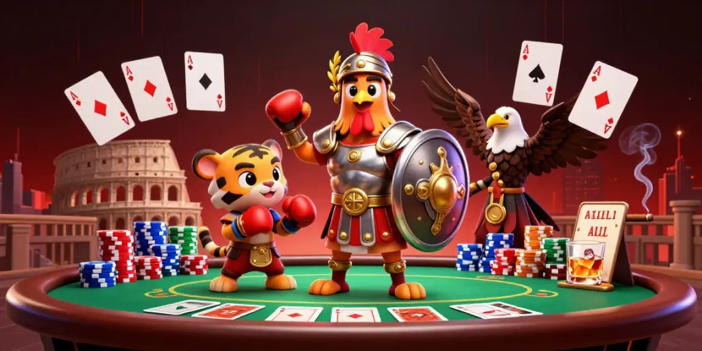 uy88 poker showdown with a legendary rooster gladiator and vibrant colorful casino elements.