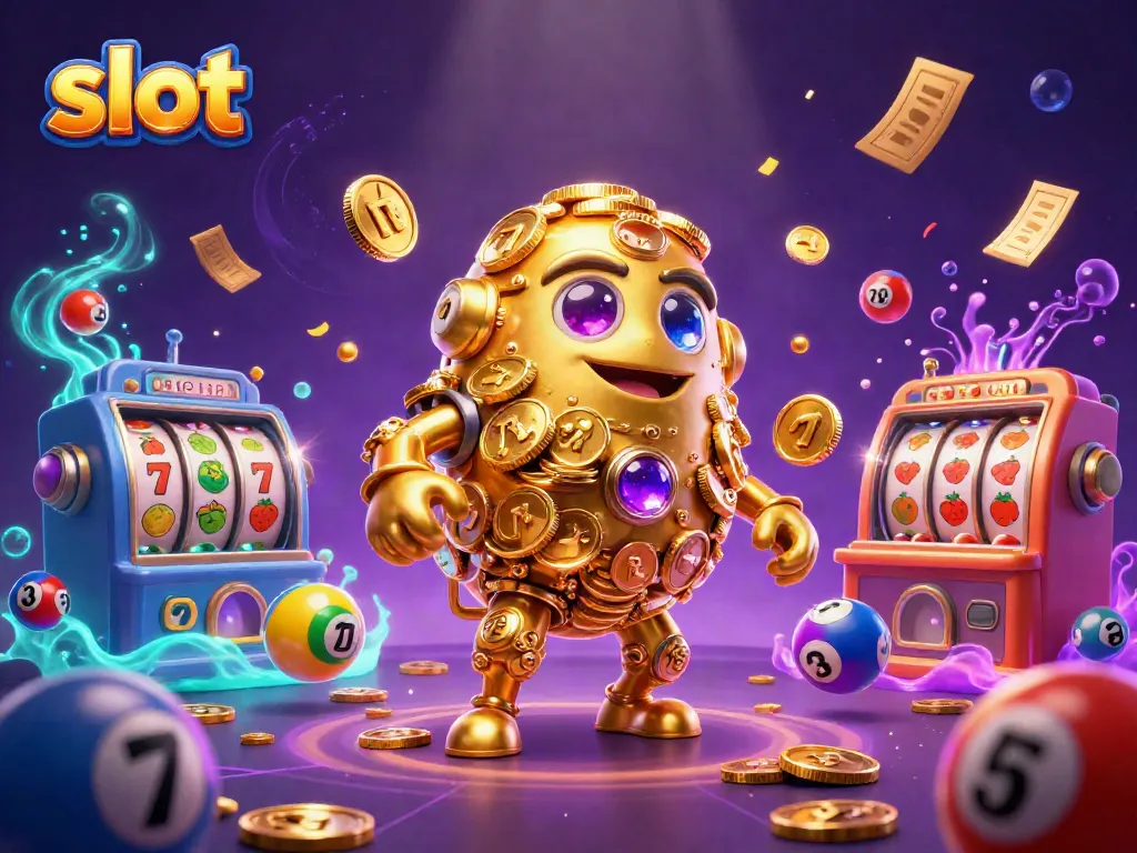 Slot online memperlihatkan golem emas dan simbol mesin slot berwarna-warni yang mengelilinginya.