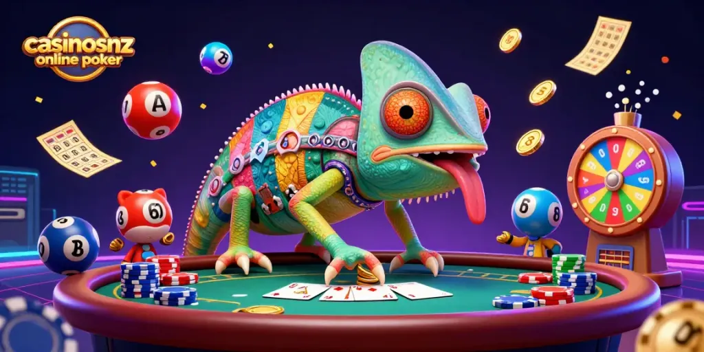 Experience casinosnz online poker with a vibrant 3D chameleon managing a lively poker scene.