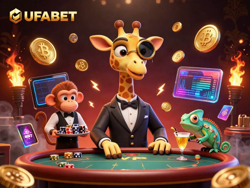 Engage with UFABET's vibrant gambling scene featuring a high-roller giraffe and lively characters.