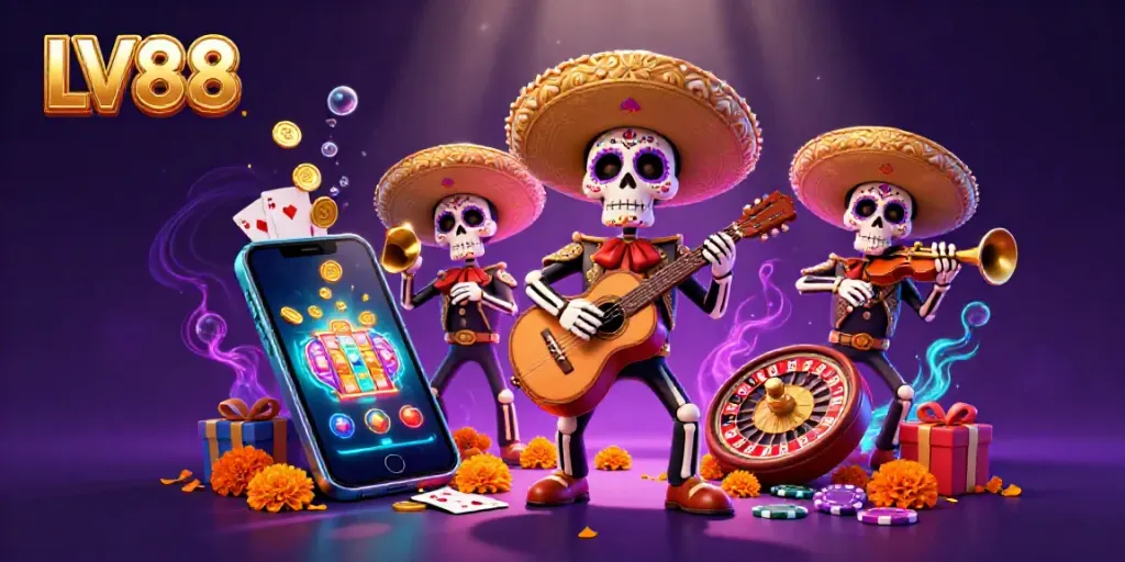 Experience exhilarating wins at LV88 with vibrant mariachi skeletons celebrating in a colorful casino scene.