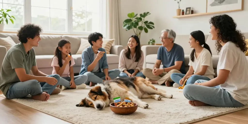 Calming Dog Treats in a relaxed family scene, highlighting a calm dog and joyful interactions, promoting companionship and wellness.