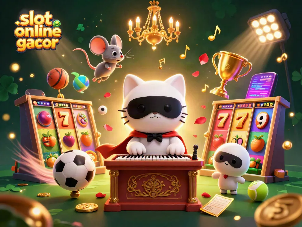 Slot online gacor menghadirkan suasana kasino megah dengan karakter kucing dan akrobat, dipenuhi simbol permainan.