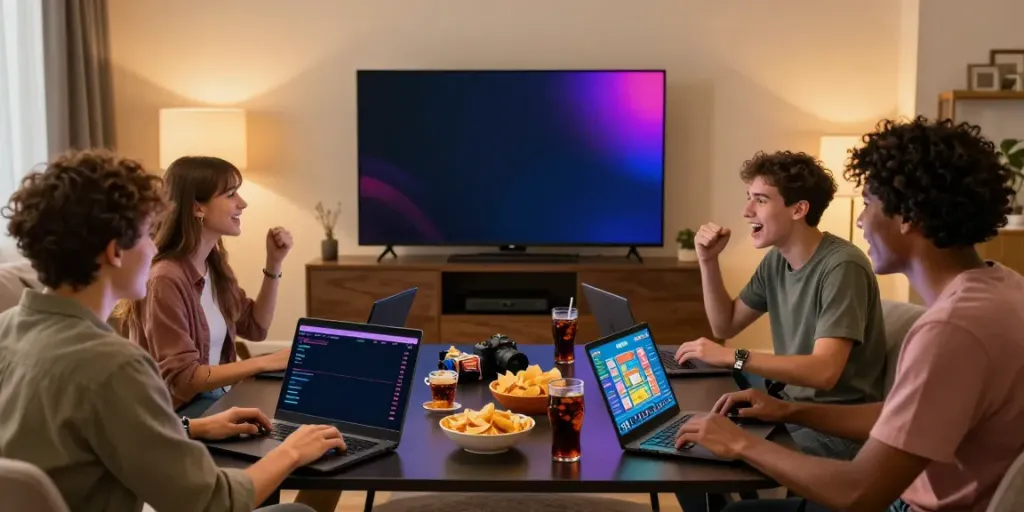 Friends enjoying togel online games in a cozy living room, showing excitement and togetherness.