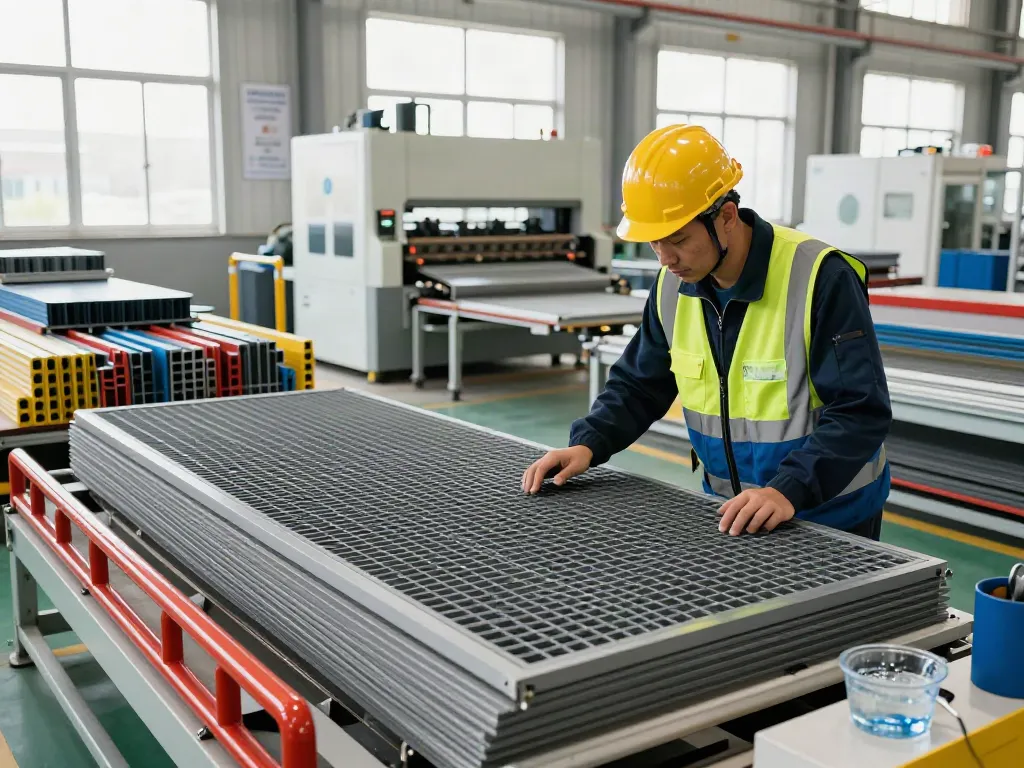 Engineered Composites engineer inspecting GRP products in a modern industrial setting.