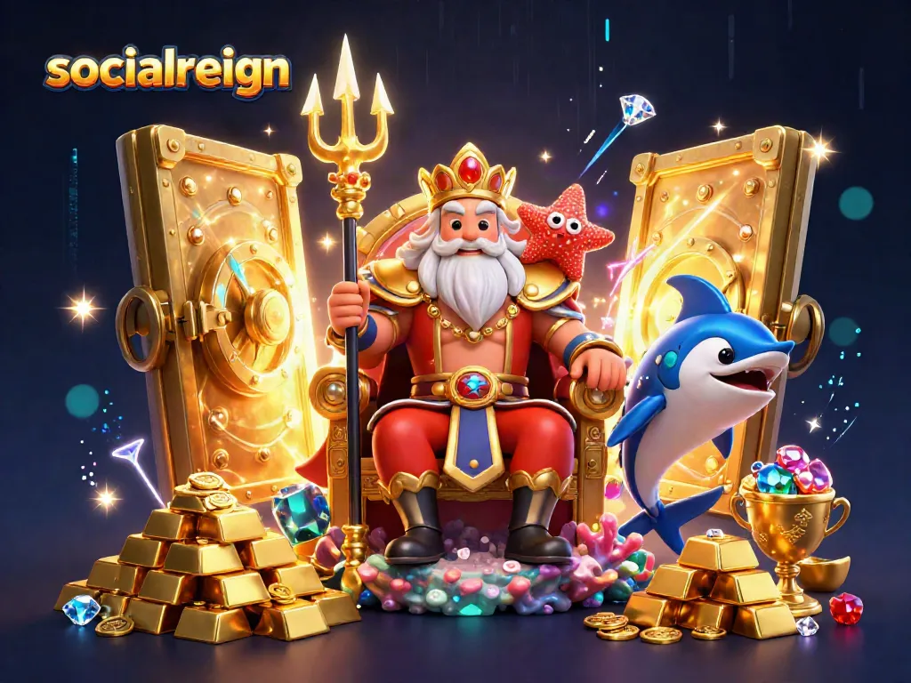 Engage with the vibrant casino world of socialreign featuring characters and treasures in a dynamic 3D scene.