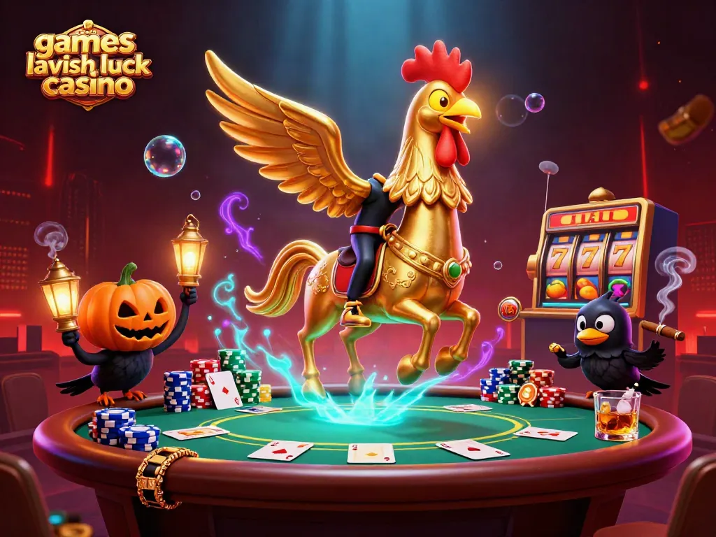 Engage with games like Lavish Luck Casino in this vibrant 3D illustration filled with slot reels, gold coins, and cards.