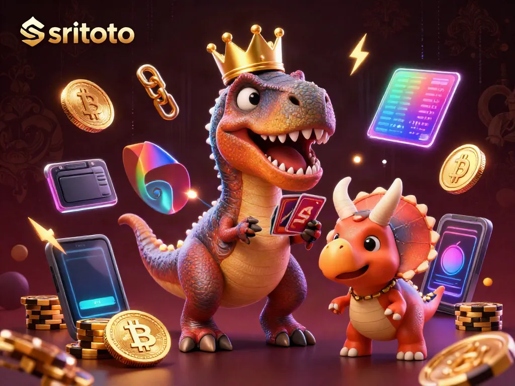 Gambarkan sritoto yang penuh keseruan dengan T-Rex, pterodactyl, dan triceratops di kasino 3D.