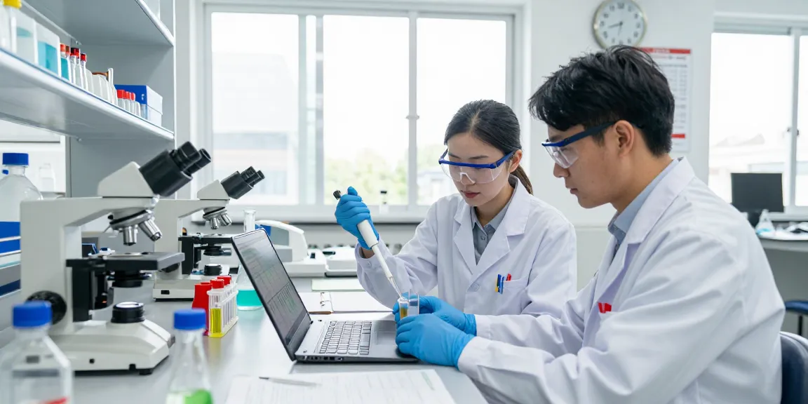 Researchers at https://summitresearchsupply.com conducting experiments in a bright laboratory with advanced equipment.