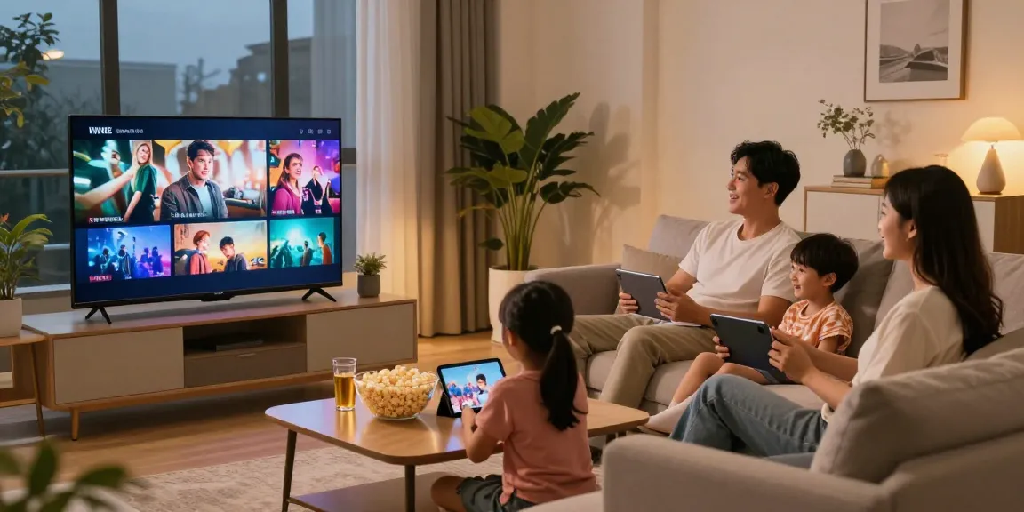 Gezinsleden genieten van hun iptv abonnement in een moderne woonkamer met een Smart TV.