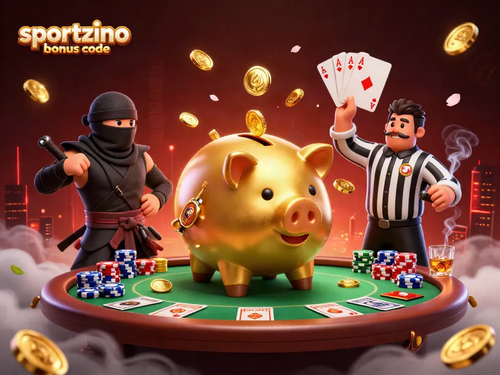 Sportzino bonus code unlocks rewards with energetic characters in a vibrant casino setting.