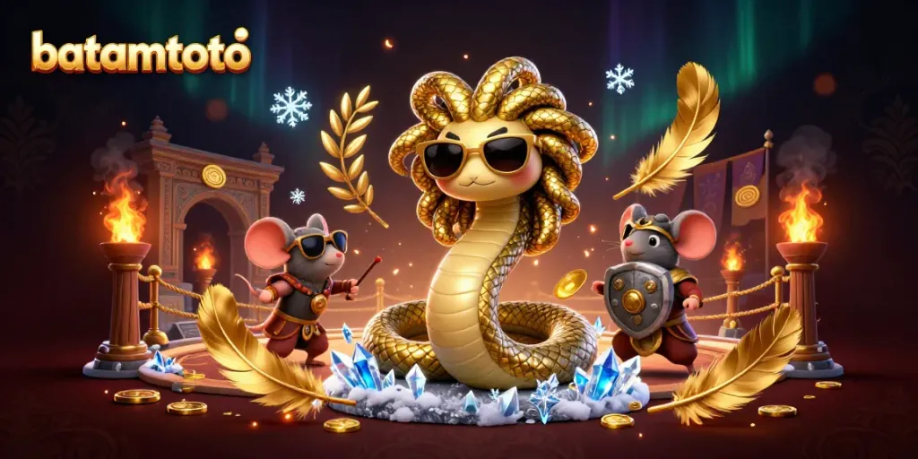 Engage in thrilling gameplay at batamtoto with a dynamic illustration showcasing mythical characters and casino elements.