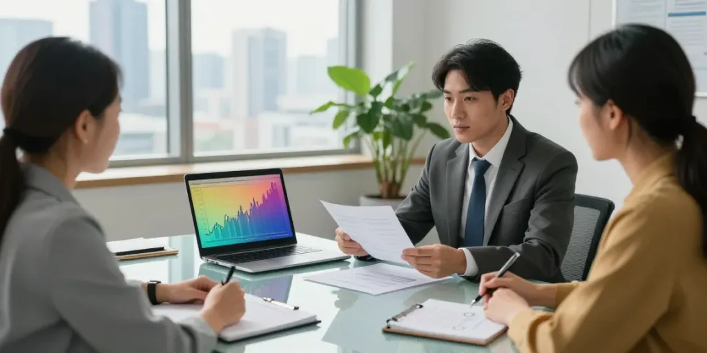 Financial Planner in Sydney discussing investment strategies with clients in a modern office
