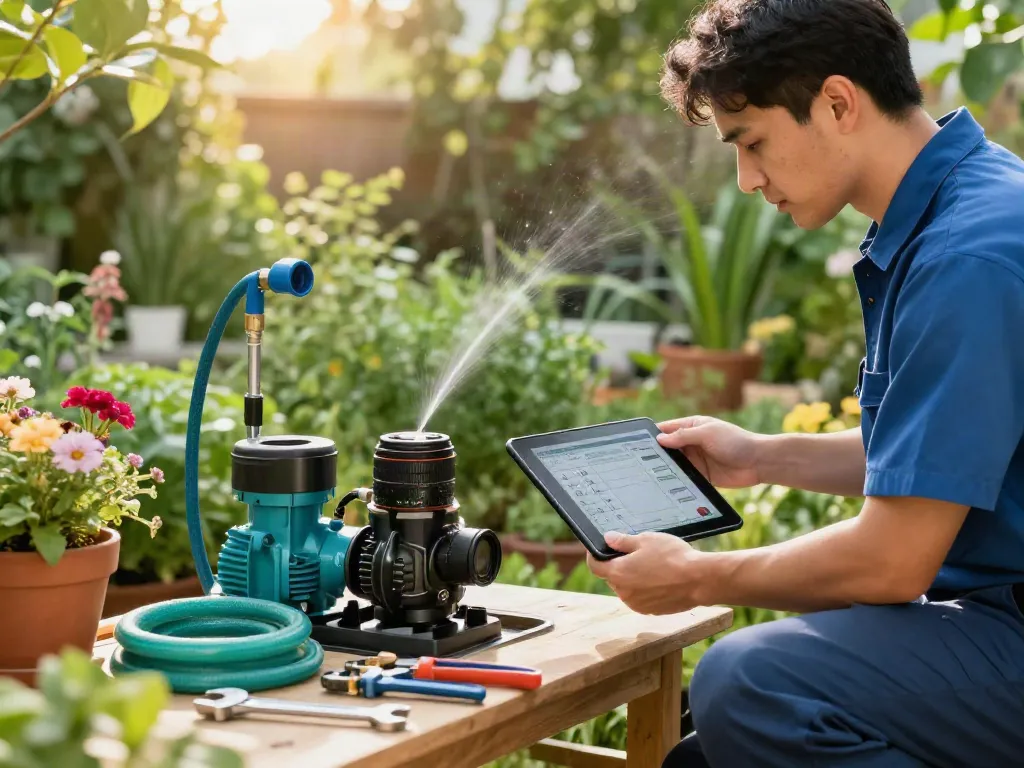 Bombas de agua en Venezuela en un jardín, técnico revisando instalación con herramientas y plantas alrededor.