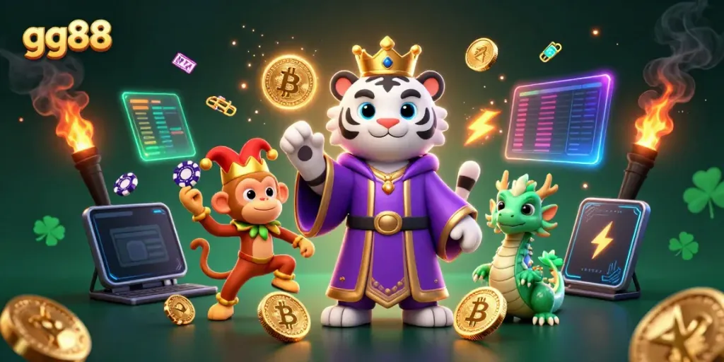 Engage in thrilling gameplay at gg88 with a vibrant casino scene featuring characters and gaming elements.