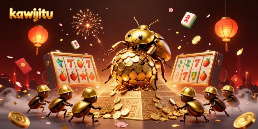 Engage with the thrilling kawijitu casino experience as a golden beetle rolls coins amidst vibrant symbols.