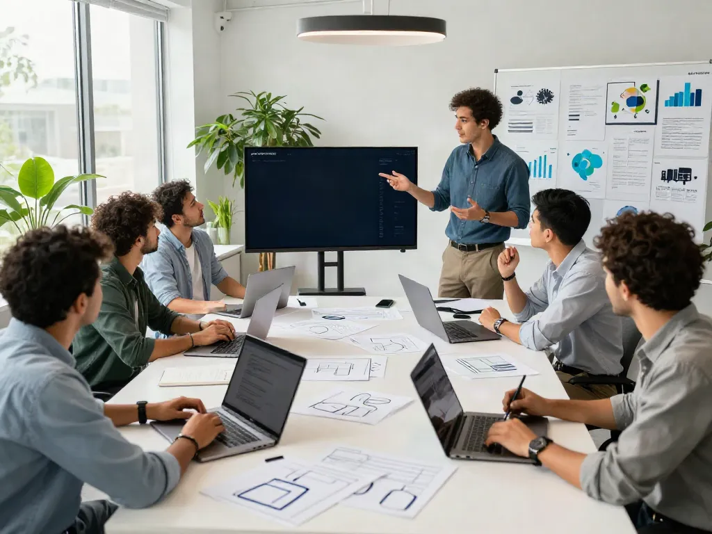Vibrant insurtech workspace showcasing a diverse team collaborating on insurance technology innovations with laptops and digital devices while discussing trends in insurtech news.