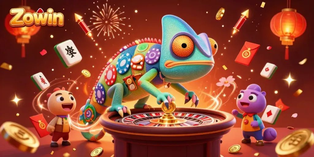 Experience Zowin's vibrant casino scene with a colorful chameleon and dynamic gaming elements.