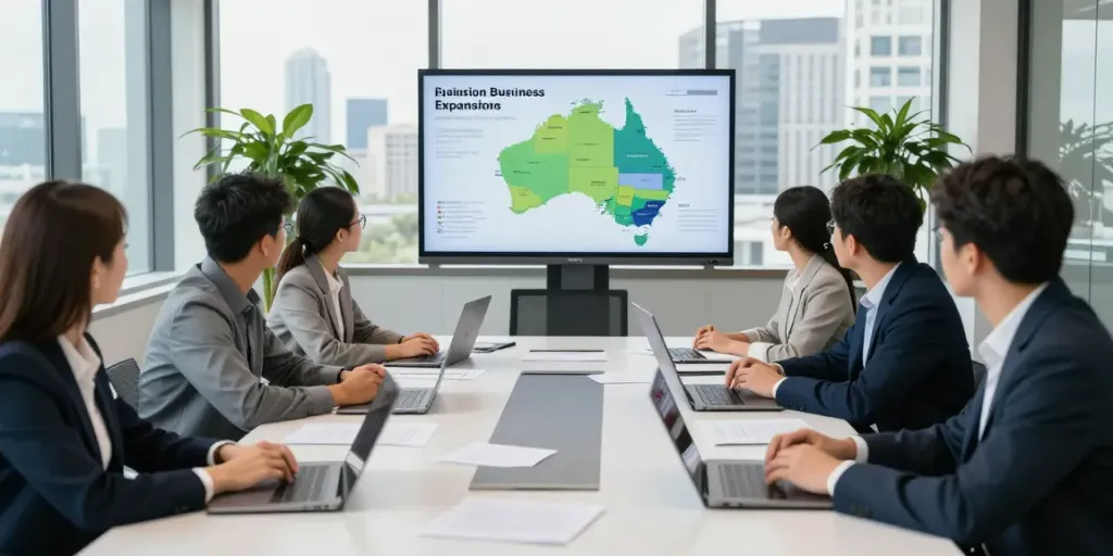 International business expansion into Australia strategy meeting with a diverse team discussing market opportunities.