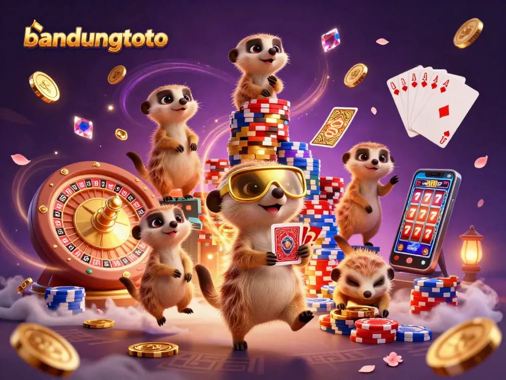 bandungtoto showcases meerkats managing a lively casino, spinning roulette wheels, and flinging golden coins.