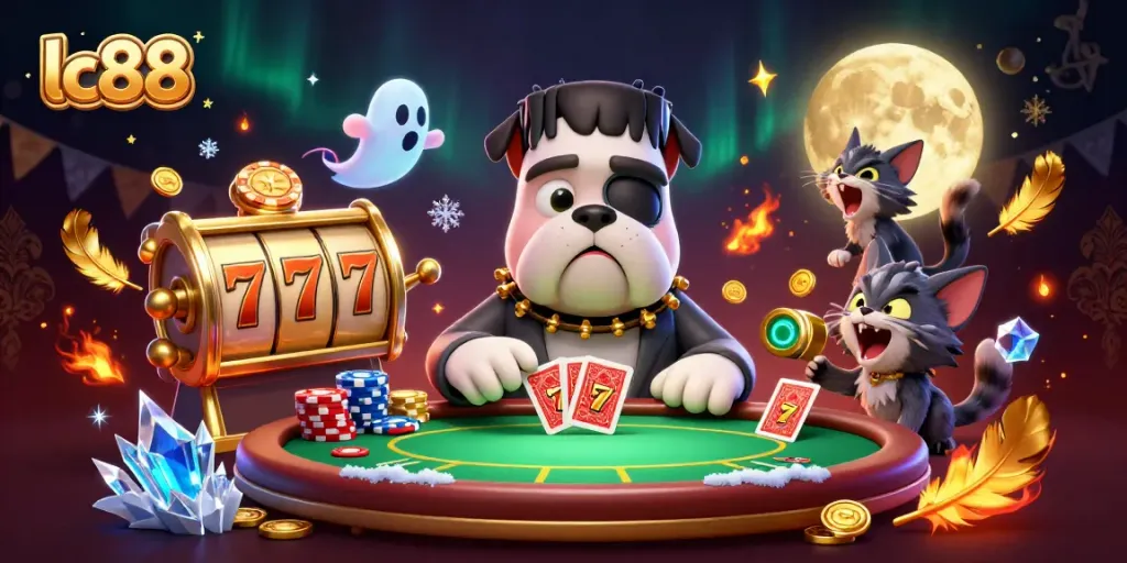 lc88 showcases a spooky poker scene with a Frankenstein bulldog dealing cards under a golden moon.