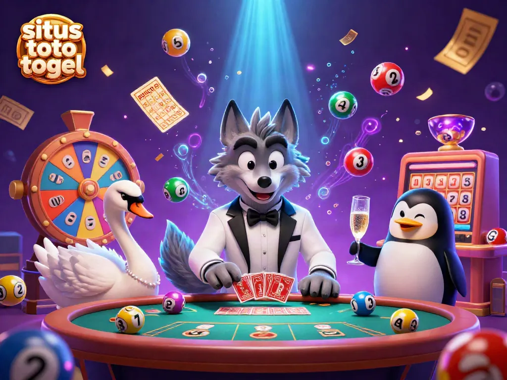 Experience exhilarating gameplay at situs toto togel with a debonair wolf, elegant swan, and sophisticated penguin in a vibrant casino scene.