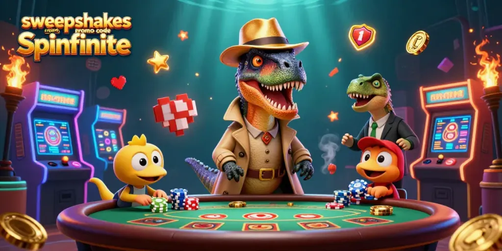 Engage with sweepstakes casino promo code spinfinite while enjoying a dynamic 3D cartoon gaming scene.